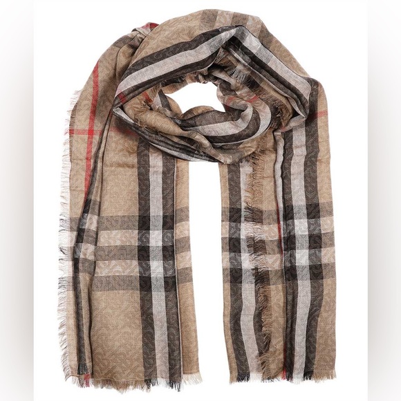 New Burberry Check motif TB monogram wool and silk blend scarf - Picture 2 of 11